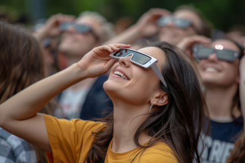 Image générée par Canva où l'on voit une jeune femme au milieu d'une foule regardant vers le ciel derrière des lunettes de protection adéquates.