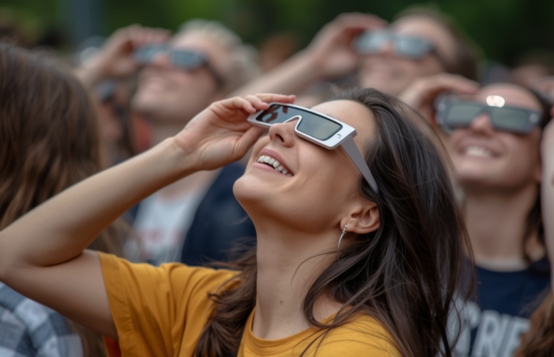 Image générée par Canva où l'on voit une jeune femme au milieu d'une foule regardant vers le ciel derrière des lunettes de protection adéquates.
